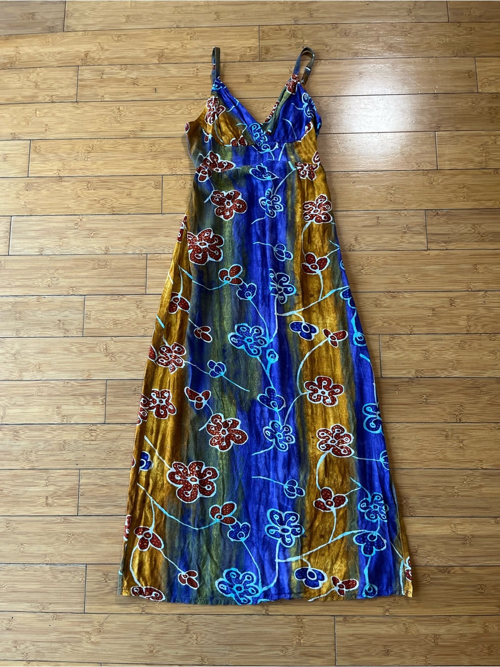Jams World Floral Artsy Funky Blue and Gold Floral Maxi Rayon Dress Vacation